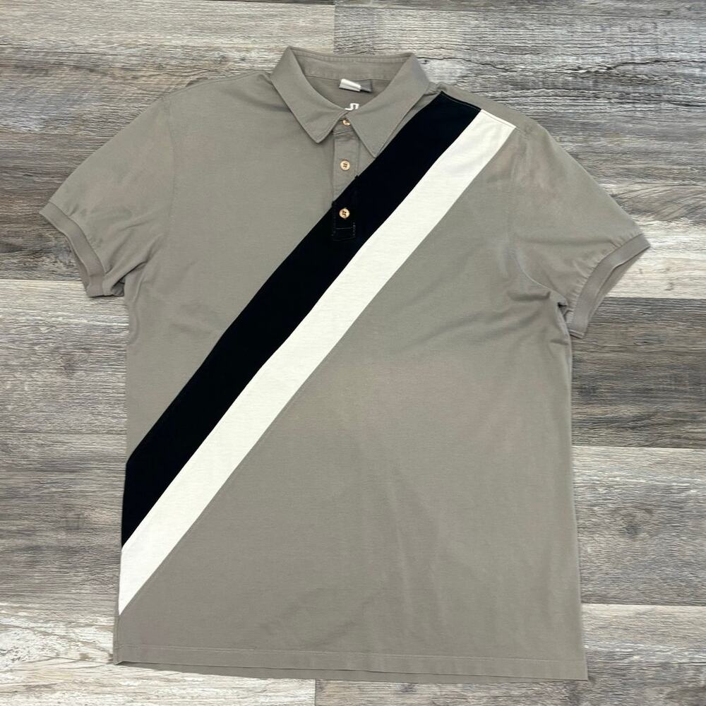 J Lindeberg Gray Black White Chest Striped Mens L Cotton Preppy Golf Polo‎ Shirt
